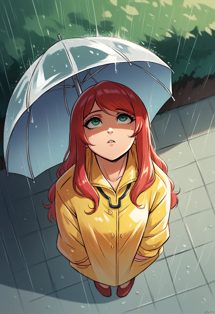 Top quality, Beautiful Japanese woman, Long hair, Shiny hair, Red hair, Raincoat, Grieving, Looking up with umbrella in the rain, From Above, Park, 8KHDR