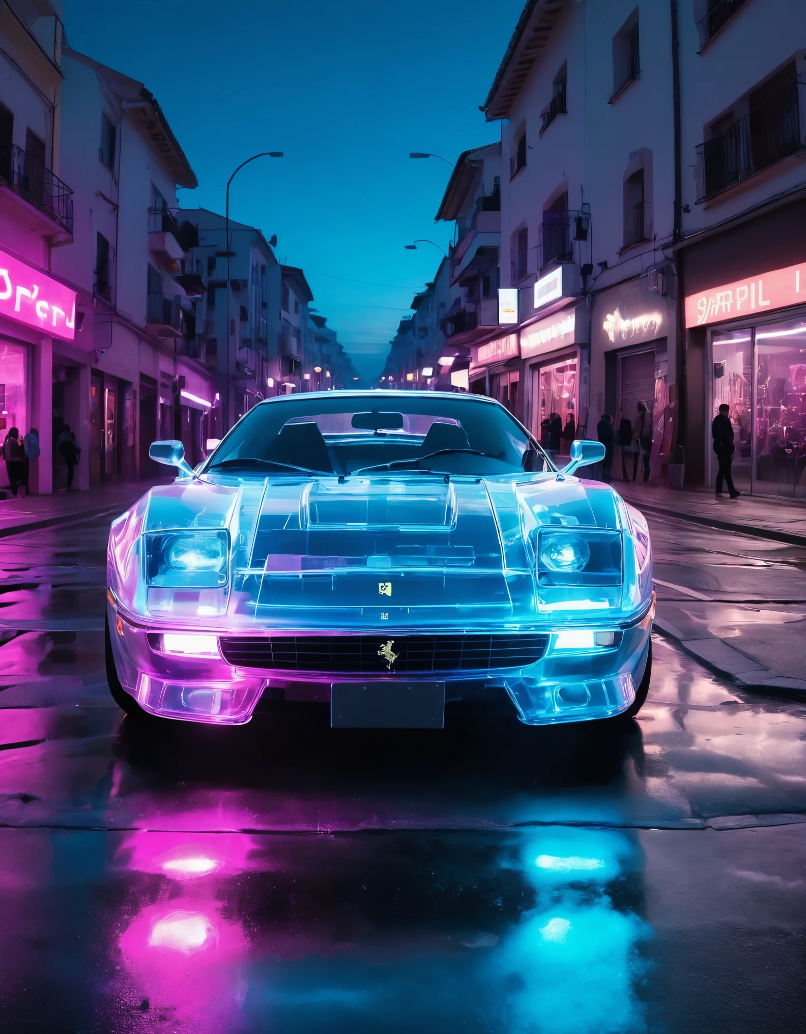 image of a 1984 white ferrari testossa fully transparent translucent, you can see the engine through its transparent skin, She is on a futuristic cyber street lit with blue and pink neon