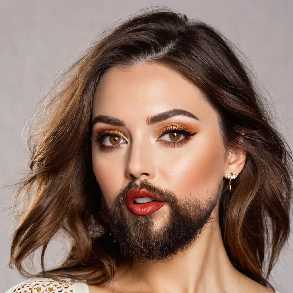 bearded bearded woman, brown hair, amber eyes, makes a smack, fakes a kiss