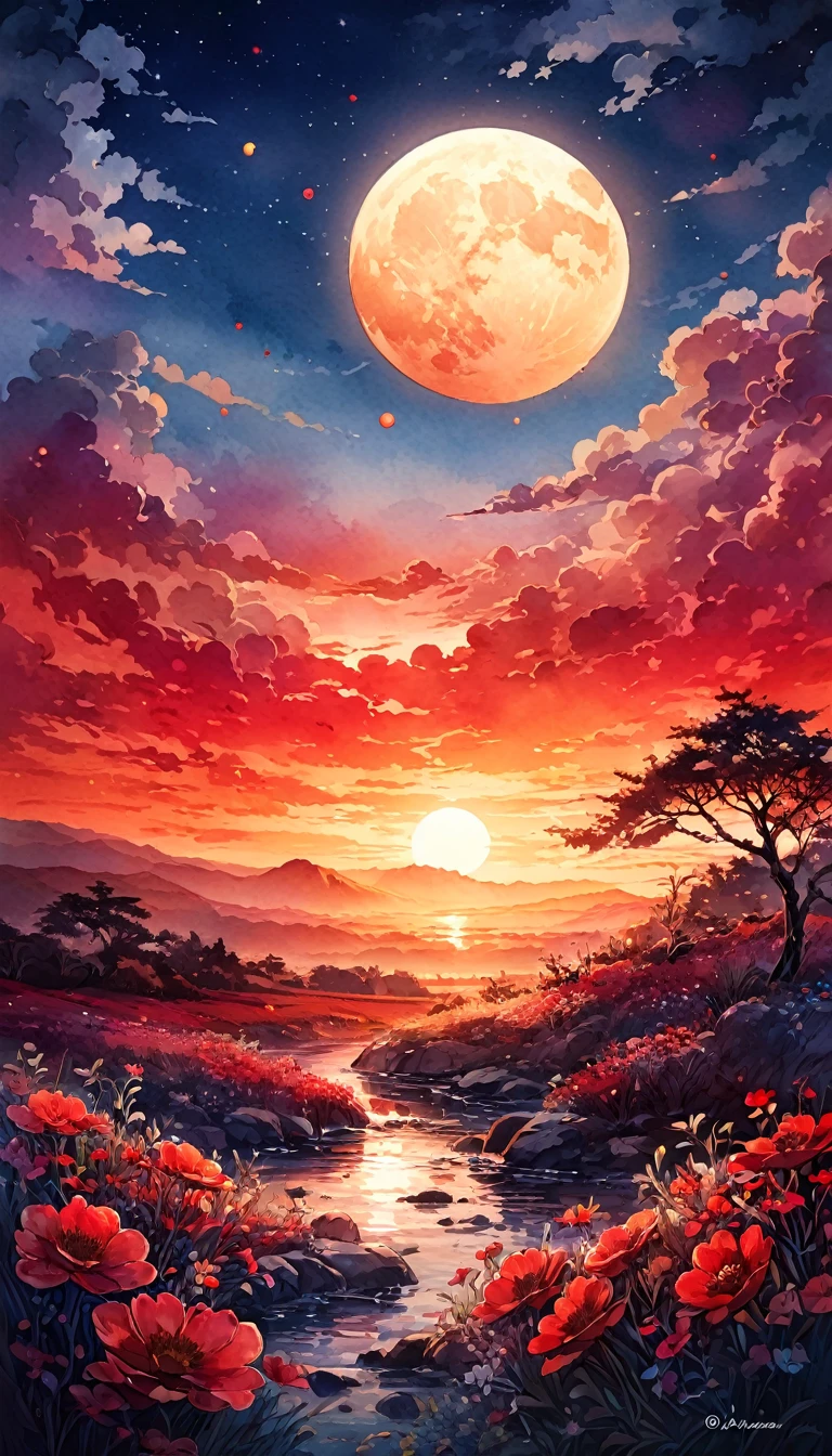"Blood Moon Digital Watercolor Summer Landscape Sunset Illustration,  Carne Griffith, Lee Min-jae, Anna Paula Hoppe, Stylized watercolor, complicated, complicatedなコントラスト, High resolution, sharp, Soft Cinematic Volumetric Lighting, Pastel colors like flowers, Wide Long Shot, A perfect masterpiece""Detailed Matte Painting, Deep Color, Fantastic, Exquisite detail, Splash screen, Complementary Color, Fantasy Concept Art, 8K resolution