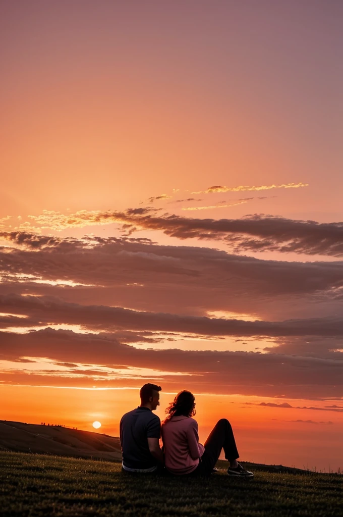 A couple on a hill watching the sunset with a orange sky and pink clouds covering the sky with a little gust of wind heading to the left 