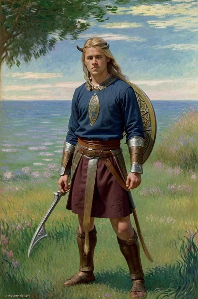 England, 878. A young ((((18-year-old)) Uhtred)), viking boy, fierce, ((((viking clothings from the 870s)))), ((blonde hairstyle of the 870s)), ((colorful, Monet))