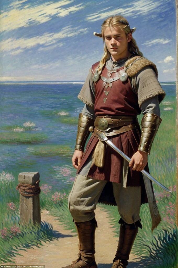 England, 878. A young ((((18-year-old)) Uhtred)), viking boy, fierce, ((((viking clothings from the 870s)))), ((blonde hairstyle of the 870s)), ((colorful, Monet))