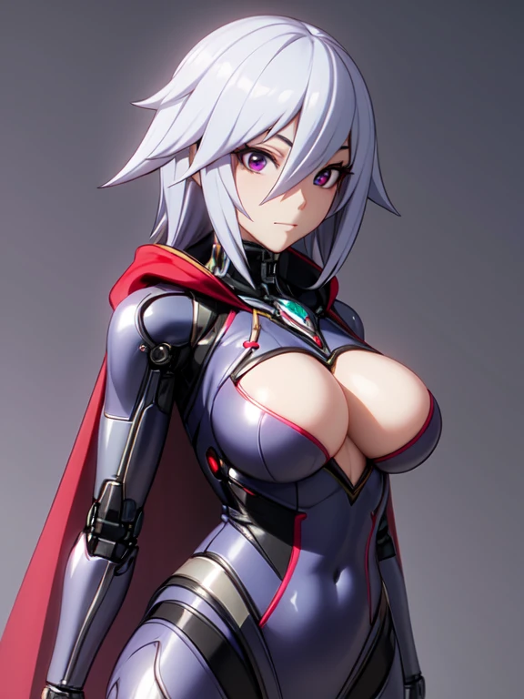 Cybernetic Woman, with a perfectly sculpted body, realistic, The appearance of the abdomen, (Large and perfect breasts), cutout, 3d, with a hood on his head and a cape, and a red visor in the right eye, anime style 3D, ultra realistic, HD,  