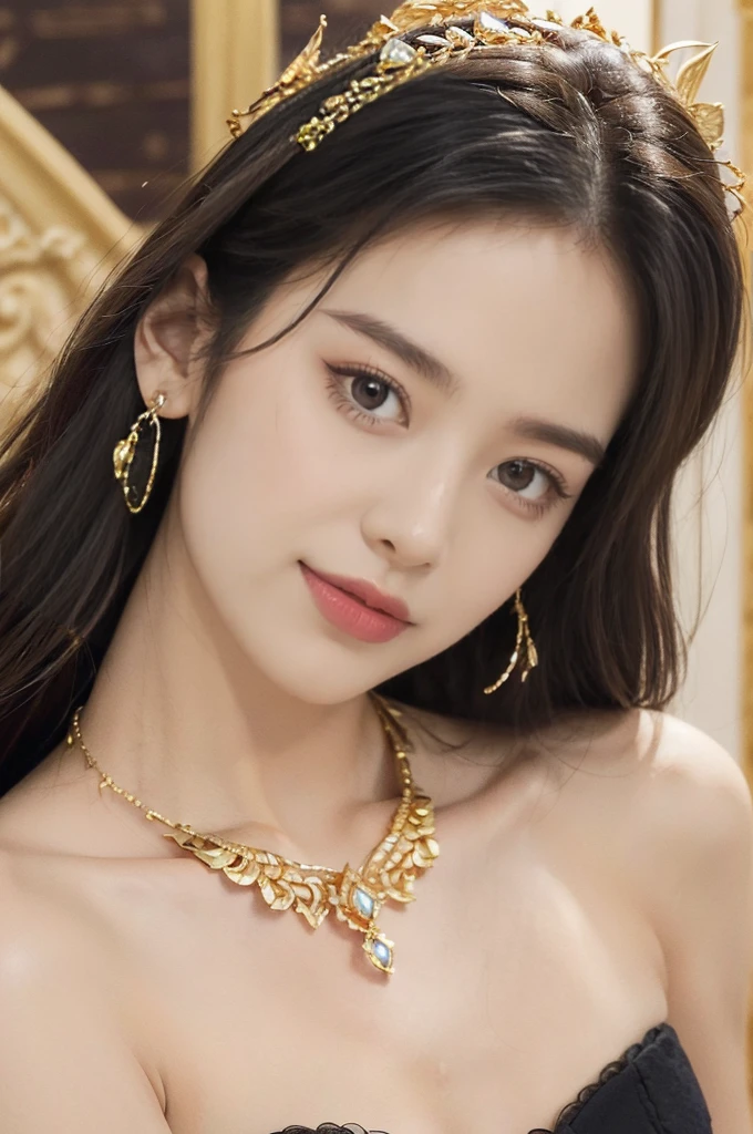 ((((8k))),((Extremely meticulous CG)) ,(wallpaper),16k,((Extremely refined and beautiful)),(((Masterpiece))),(((best qualtiy))),(((Ultra High Resolution))),beautiful light up,Perfect lightning,realistic shaded,(Smooth and flawless skin:1.5),(Extremely exquisite facial details:1.2),(perfect body:1.2),(ultra-detailed),((A beautiful girl,solo)),(small head:1.2),(pale skin:1.3),(medium straight hair:1.2),(small face:1.2),(baby face:1.3),(Exquisite makeup:1.2),(small breasts:1.2),(flat chest:1.3),((slim,thin)),(laughing:1.2),(gold headdress:1.3),(gold earrings:1.3),(gold necklace:1.3),(strapless gorgeous black Thai bra:1.5),(indoor:1.3),(summer:1.3),(detailed background:1.5),(standing:1.3),(close-up of face:1.3),(from front:1.3),(day scene:1.5),(In a luxurious jewelry store:1.5),(bright and vivid colors:1.3),(The showcase is piled with jewelries:1.3),