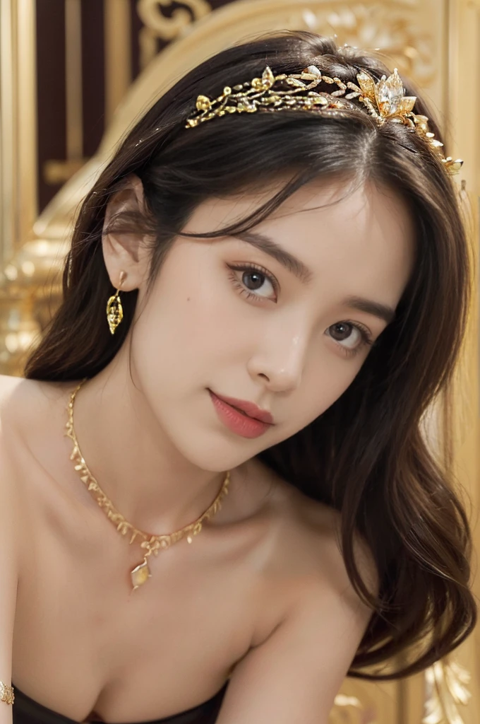 ((((8k))),((Extremely meticulous CG)) ,(wallpaper),16k,((Extremely refined and beautiful)),(((Masterpiece))),(((best qualtiy))),(((Ultra High Resolution))),beautiful light up,Perfect lightning,realistic shaded,(Smooth and flawless skin:1.5),(Extremely exquisite facial details:1.2),(perfect body:1.2),(ultra-detailed),((A beautiful girl,solo)),(small head:1.2),(pale skin:1.3),(medium straight hair:1.2),(small face:1.2),(baby face:1.3),(Exquisite makeup:1.2),(small breasts:1.2),(flat chest:1.3),((slim,thin)),(laughing:1.2),(gold headdress:1.3),(gold earrings:1.3),(gold necklace:1.3),(strapless gorgeous black Thai bra:1.5),(indoor:1.3),(summer:1.3),(detailed background:1.5),(standing:1.3),(close-up of face:1.3),(from front:1.3),(day scene:1.5),(In a luxurious jewelry store:1.5),(bright and vivid colors:1.3),(The showcase is piled with jewelries:1.3),