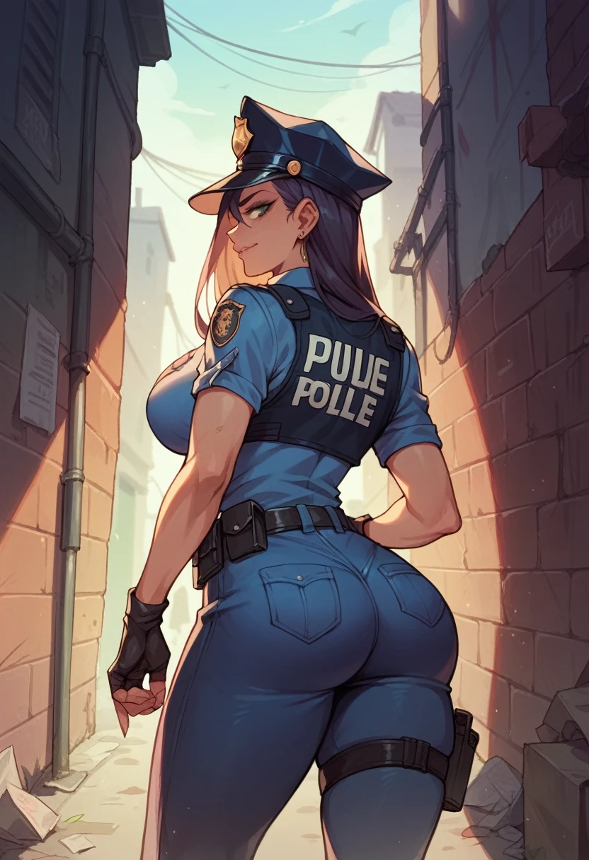 1woman,big bust,policewoman,midnight,back alley