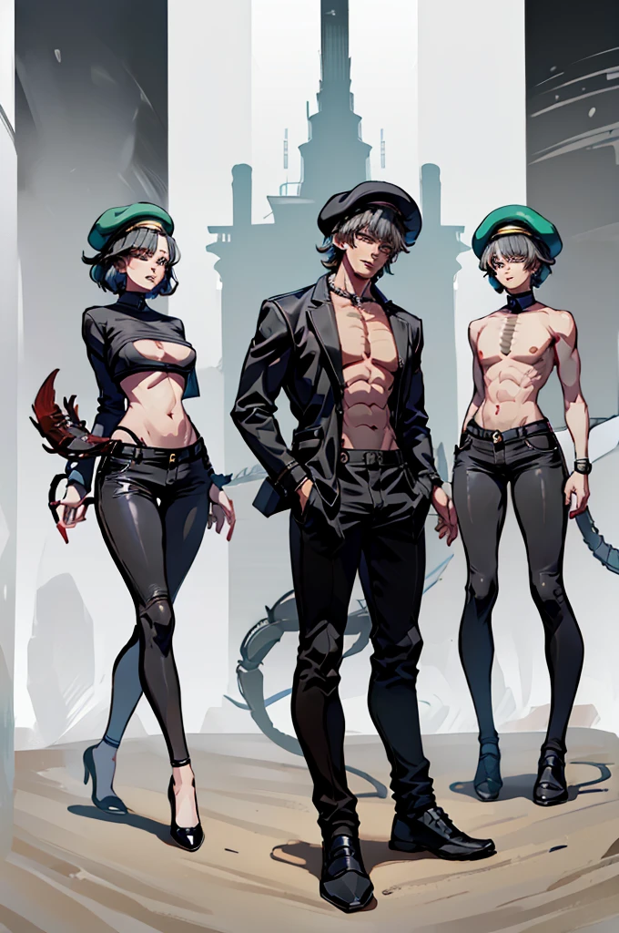 Human physique,Human anatomy,Scorpion tail,person of African descent, Short hair,Beret, Above all,Black pants,Black shoes, Tall man, Male figure