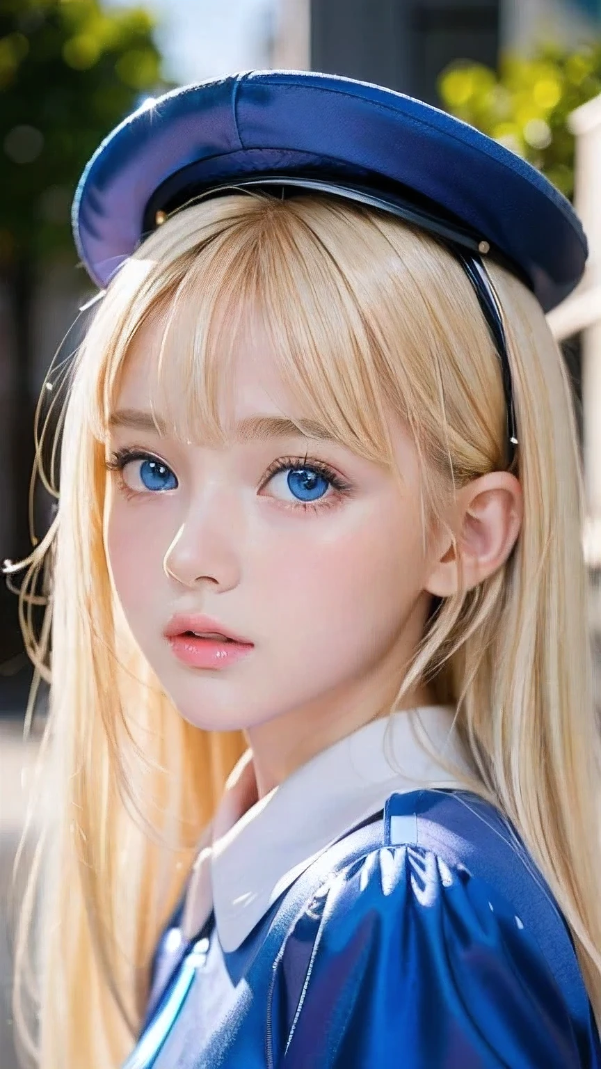 Beautiful blonde cute girl 、Sexy and vereautiful cute face、Big, bright blue eyes that sparkle beautifully、Very long, dazzling, beautiful, blonde, silky, shiny hair、Bangs between the eyes、Bangs that hang down in the face、uniform、Small Face Beauty、Glowing Skin、Cheek highlighter、White skin、Radiant Skin、Round face