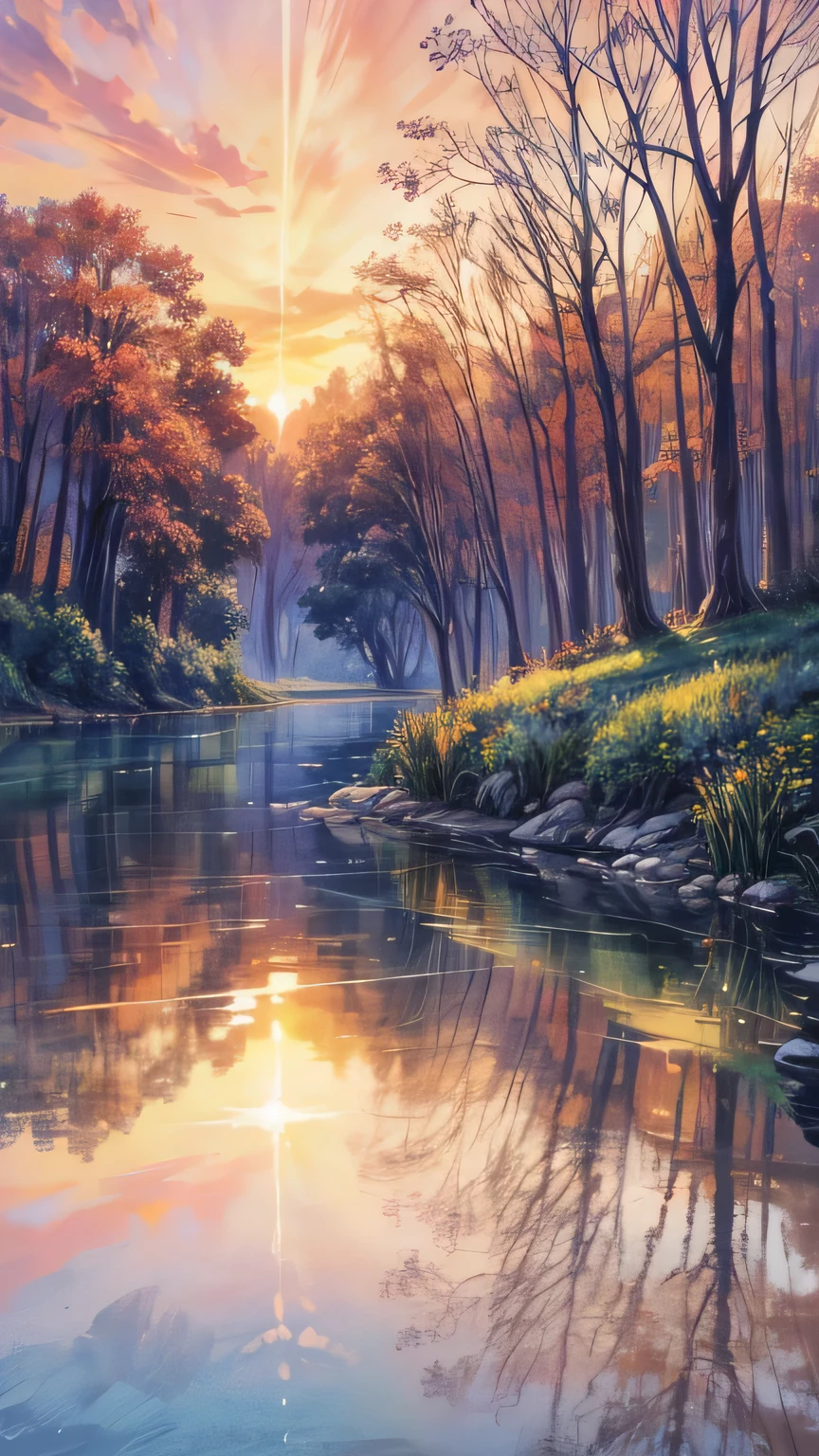 Impressionist watercolor landscapes,Description (field) , The setting sun creates a colorful canvas in the sky,Reflects light off surrounding foliage and still water surfaces., Ancient dwellings, Quiet river, sunset , vibrant sunsets, Rich Nature, Twilight, Beautiful texture, green々Leaf, peaceful, Reflection on the surface of the water, Warm colors, With big strokes, Dreamy atmosphere, Gradient Sky, Soft lighting, Artistic impression
