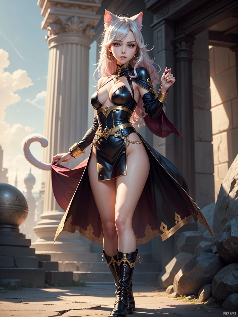 There is lost coliseum there stand female lionessin battle stance, she have ebony colour skin beautiful yellow cat eyes dark gold eyeshadows make up, ring style earrings, her hair is purple with pink highlights . she dressed in white neather topic with golden parts on countures also short and white leather straps on her cat legs instead of boots, her hands have hude ruby claws on her fingers, (ultra high quality fantasy art, anime fantasy style, masterpiece, ultra high quality character design, 8k quality anime art, realistic anime art, top quality wallpaper illustration, detailed ultra high quality accurate face, high quality design and accurate physic)