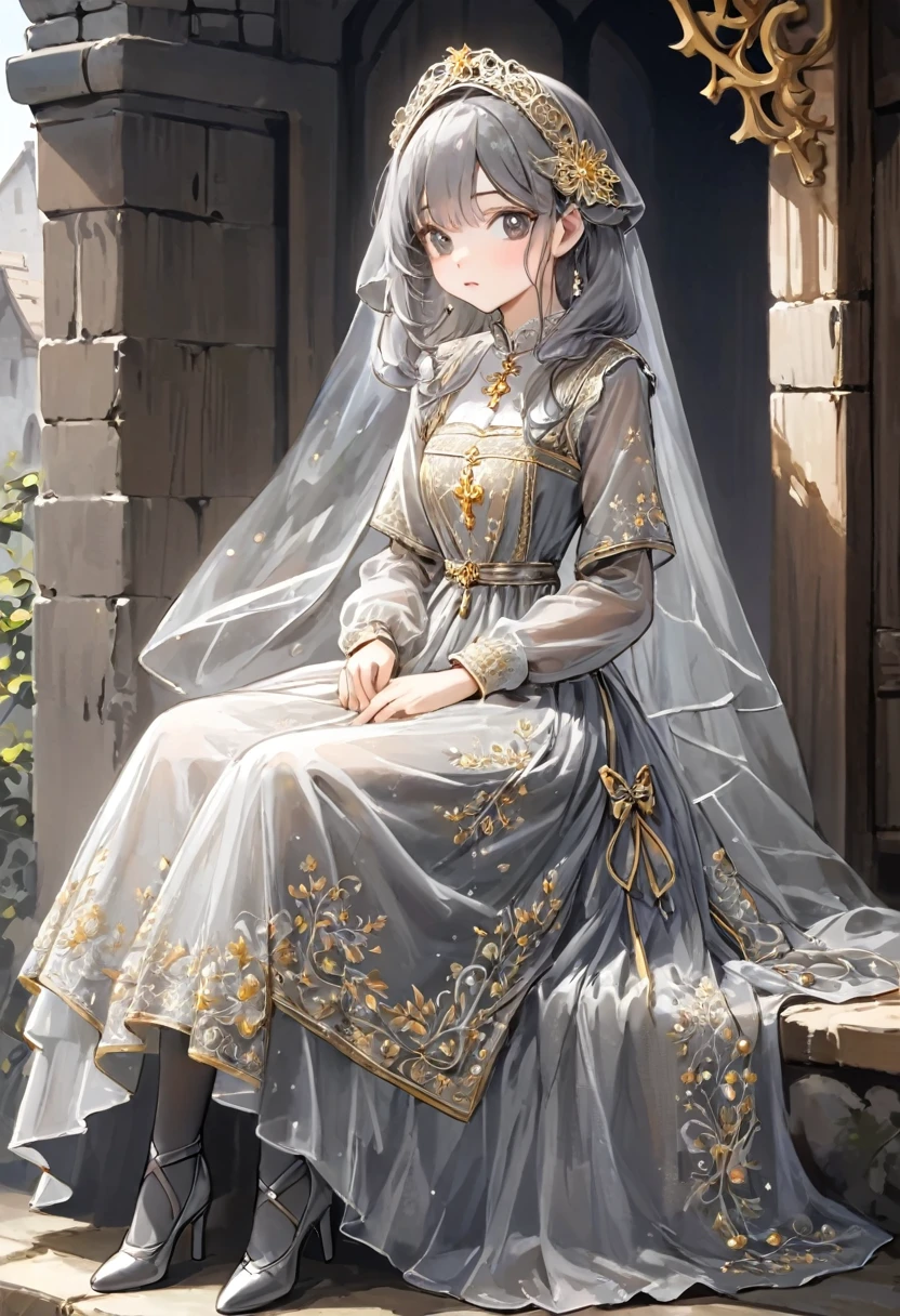 girl, Gold and silver embroidery, White-gray pearl medieval long dress（With panniers）, Translucent fabric, Pull up the dress by hand, Strong winds, Translucent slip, Grey translucent tights, Peeking from below, Highest quality, Disorder of clothing, sit