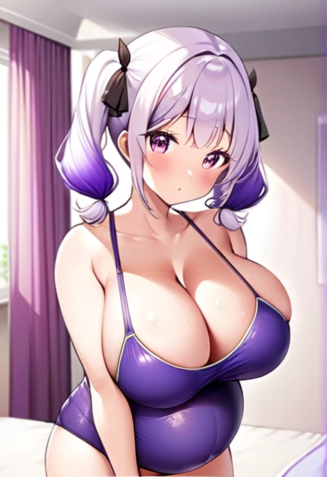 Pregnant women,Pregnant belly,Multiple births,Swimwear,Big Breasts,Large bust,Purple and white hair,Hair Gradient,Short twin tails