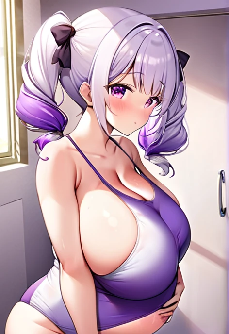 Pregnant women,Pregnant belly,Multiple births,Swimwear,Big Breasts,Large bust,Purple and white hair,Hair Gradient,Short twin tails