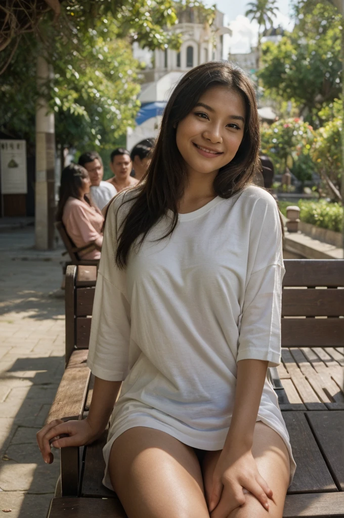 ((Best Quality, 8K, Masterpiece:)), Focus, realistic, A stunning high-resolution, vibrant photograph of 15 old young indonesian girl wear oversize long tshirt and no panties, smiling,surrounded by men, multiple men ,sexy aura, erotic mood, sitting,at outdoor theme park benches,realistic photo, full body shot,The background is slightly blurred to keep the focus on her, creating a beautiful bokeh effect. soft sunlight filtering through, realistic hands,