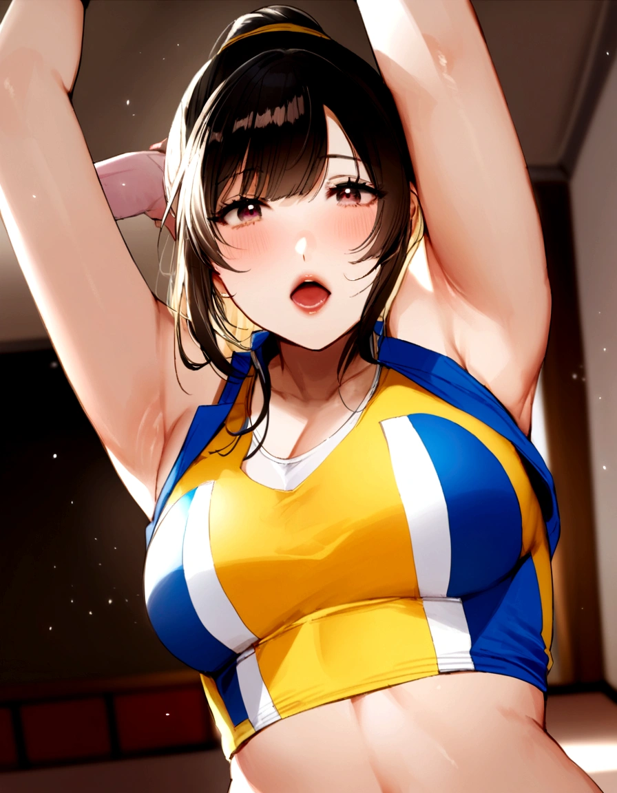 A fifty-something Asian woman wearing a sports bra top and holding a basketball ball, Shot with Canon EOS R 6, Chiho, realistic Young Gravure Idol, Lee Ji-eun, Lee Ji-eun, kimi takemura, Faye Valentine, Young Gravure Idol, sakimichan HDRI, Chiho ashima, Shin Min-jung, mayuri shiina