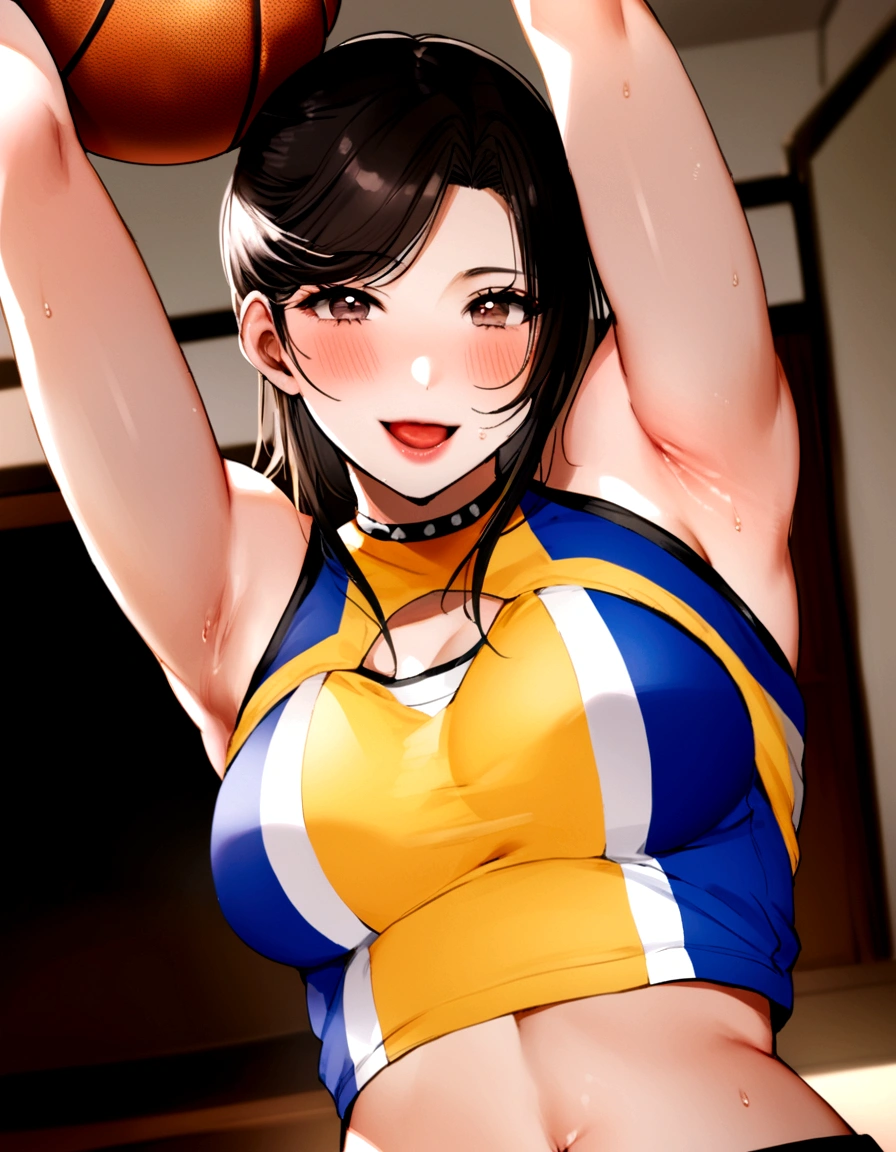 A fifty-something Asian woman wearing a sports bra top and holding a basketball ball, Shot with Canon EOS R 6, Chiho, realistic Young Gravure Idol, Lee Ji-eun, Lee Ji-eun, kimi takemura, Faye Valentine, Young Gravure Idol, sakimichan HDRI, Chiho ashima, Shin Min-jung, mayuri shiina