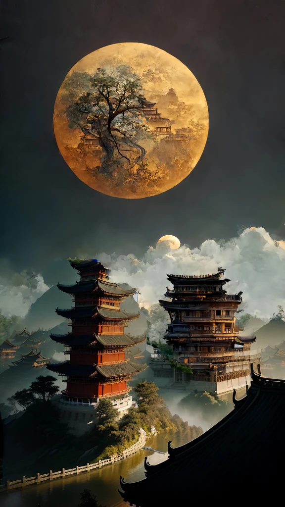 Ancient Chinese imperial palace，Intense yellow lightning，Chopping from all sides，Gather together，themoon