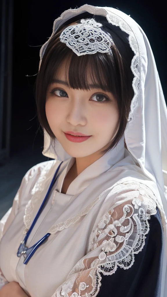 (Orgasm:2.0),(A Ultra cute young Japanese nun:1.75),(she wearing a decorated with lace nun costume slim fit:2.0),(beautiful detailed eyes:2.0),beautiful detailed lips, (extremely detailed cute face:2.0), longeyelashes, (slender woman body and legs:2.0), (beautiful short hair:2.0), (natural makeup,big smile:1.5), incredibly beautiful skin,(professional lighting, bright lighting, photorealistic, 8k, high resolution, best quality, masterpiece, ultra-detailed:1.75), vivid colors, (Moonlit Night:1.5),(The moonlight shines on her face:1.2),(She is in the convent:1.2)