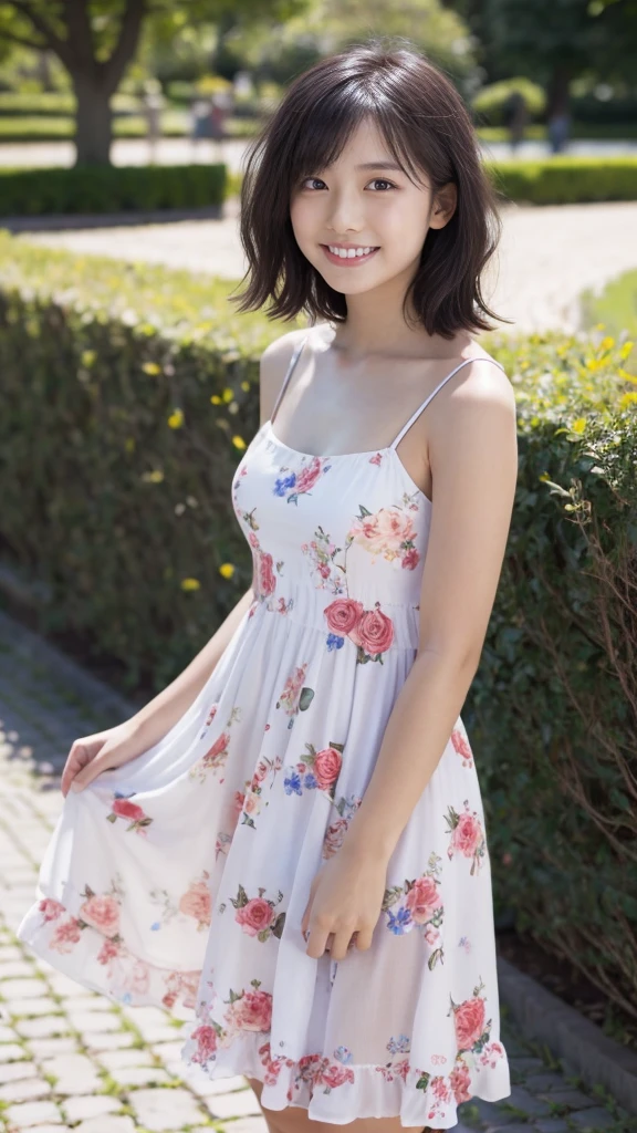 masterpiece, highest quality, disorganized, perfect anatomy, 1 girl, alone, pascal tales, short hair, beautiful, Hilarious, sunny day, botanical garden, Summer winds, sundress, Floral, wavy hair, smile