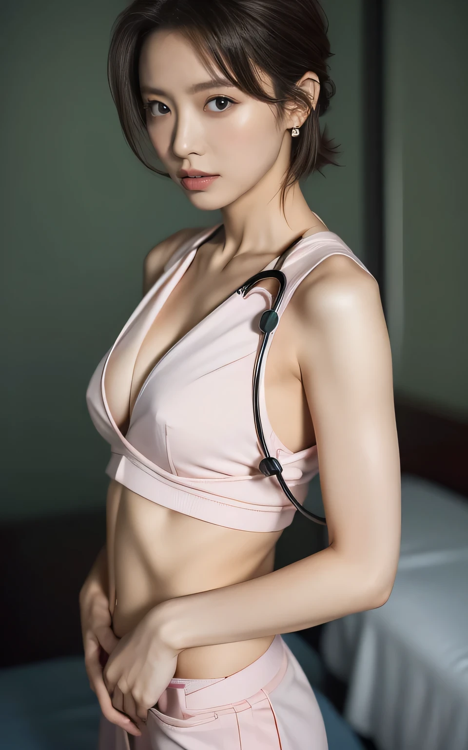 (RAW Photos, Highest quality), Wide-angle photography,Digital SLR,
((Photos in motion, Sex Photo, Take a full body photo:1.4)),
( doctor_uniform, White, Stethoscope, doctor,Scrub Top, Tight scrubs, Emphasize the chest:1.5),
(No bra, The shape of the nipples is visible,Beautiful thighs,Ultra-detailed skin,Small pores in the skin:1.2),

((Her body is incredibly beautiful and stylish:1.2)),
((She is standing bent over beside the bed, She has an angry look:1.5)),

((28 years old, Beautiful stylish lady, Naughty lips, Sexy body, Body facing forward:1.4)),
((Small breasts, Flat Chest, chest is slightly drooping:1.2)),
((Large bedroom, Cute Wallpapers, tissue, Spotlight:1.2)),

Eye focus, Narrow shoulders, Beautiful clavicle, Thin arms, Thin legs, The back of the hand is beautiful and feminine, Slim figure, Soft belly, Tight waist, Highly detailed face, super detailed breasts, Ultra-detailed skin, Fair skin, Shiny skin,
Ultra-detailed lips, Fuller lips, Thick and soft lips, Glossy pink lips,
Blushing, White teeth, blue eyes,
Beautiful actress makeup, Bruise makeup, Pink lipstick,
Dark brown hair, Delicate and soft hair, (Put your hair up, Fluffy short bob, ponytail:1.2), (Sweep your bangs to the side:1.2),
Stylish earrings,necklace,
