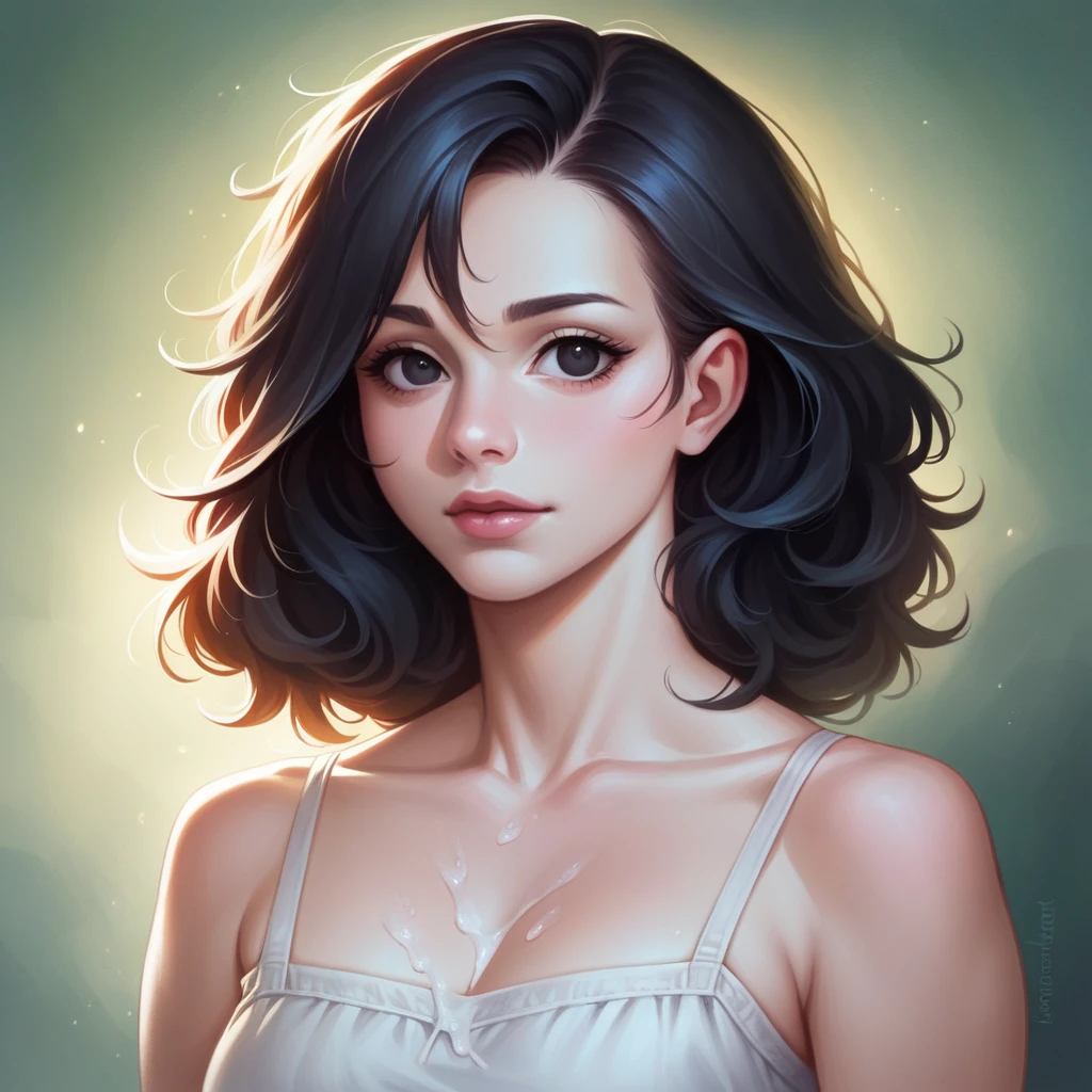 beautiful girl with realistic black eyes, pale skin, mid-length black hair, perfect face, perfect eyes, cum on sundress, highly detailed, comprehensive cinematic, digital painting, 8k, cinematic lighting, best quality, highres, detailed work, post-processing, perfect result, hyper realistic