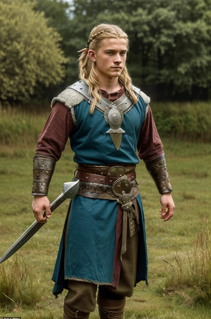 England, 878. A young ((((18-year-old)) Uhtred)), viking boy, fierce, ((((viking clothings from the 870s)))), ((blonde hairstyle of the 870s)), ((colorful, Monet))