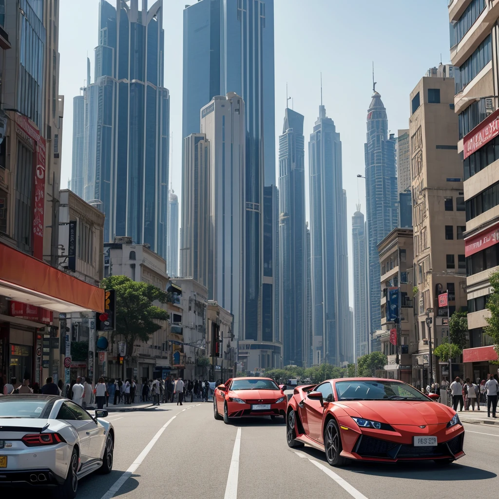 My husband trusts the directions given by the car navigation system in our open-top car.、A fierce battle between a wife who believes in her intuition that the shortcut is to the right、The couple fight violently, grabbing each other by the collar、20 Lamborghinis in the other lane、The location is a complex six-lane national highway in Dubai.、Urban buildings line the streets、Thirty people walking on the sidewalk get caught up in a fight、The building is about to collapse、end of the century、Real、Realistic、Digital Art