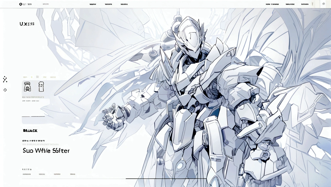 white hero page ui ux theme website, white and blue (mostly white) theme, robotic hand black and white silhouetter