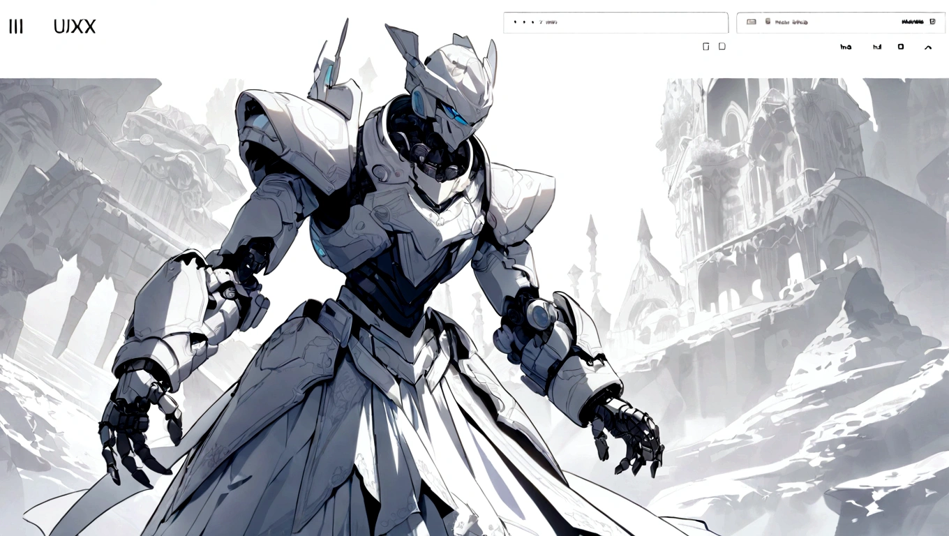 white hero page ui ux theme website, white and blue (mostly white) theme, robotic hand black and white silhouetter