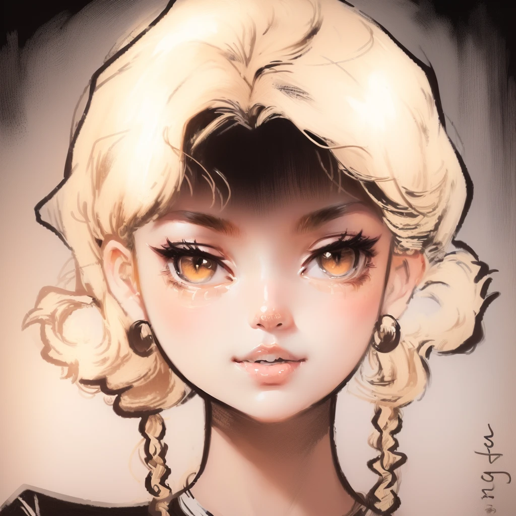 Drawing of a girl with braids and big eyes, traditional 绘画style, comic 绘画style, beautiful 绘画style, 漫画艺术style, 动漫style, 素描style, Black and white sketch, Sketch black and white color, Big blonde hair, big eyes, style, 卡通艺术style, Line Art Portrait, 洛伊什艺术style, High Quality Sketch Art