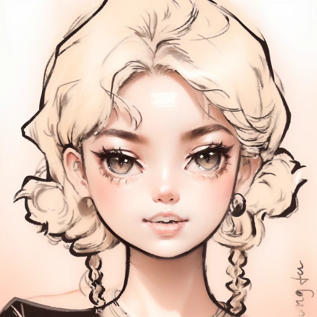Drawing of a girl with braids and big eyes, traditional 绘画style, comic 绘画style, beautiful 绘画style, 漫画艺术style, 动漫style, 素描style, Black and white sketch, Sketch black and white color, Big blonde hair, big eyes, style, 卡通艺术style, Line Art Portrait, 洛伊什艺术style, High Quality Sketch Art