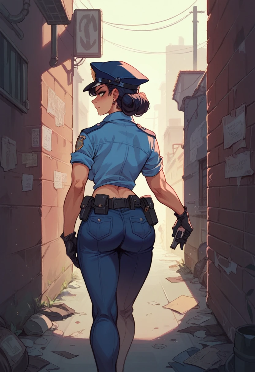 1woman,big bust,policewoman,midnight,back alley