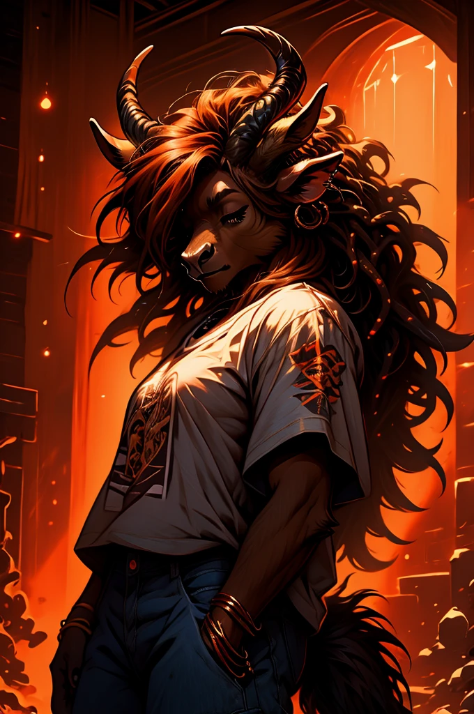 a masculine female highland cow with mullet-like dreadlocks and her hair over her eyes, rings on horns, wearing a band t-shirt and baggy blue jeans, detailed horns, detailed fur, dramatic lighting, dramatic shadows, vibrant colors, warm color palette.