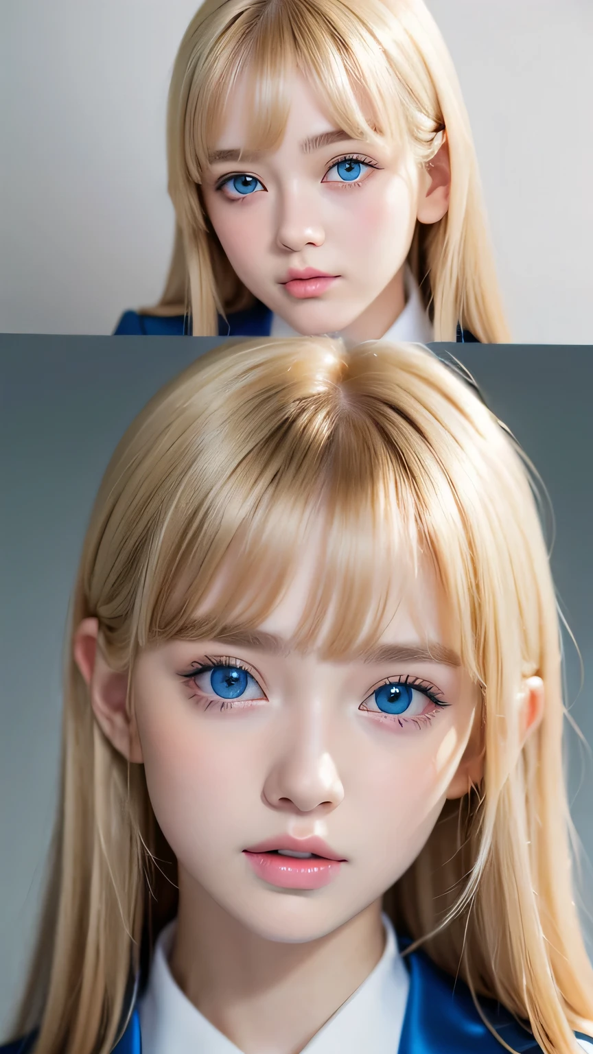 Beautiful blonde cute girl 15 years old、Sexy and very beautiful cute face、Big, bright blue eyes that sparkle beautifully、Very long, dazzling, beautiful, blonde, silky, shiny hair、Bangs between the eyes、Bangs that hang down in the face、uniform、Small Face Beauty、Glowing Skin、Cheek highlighter、White skin、Radiant Skin、Round face