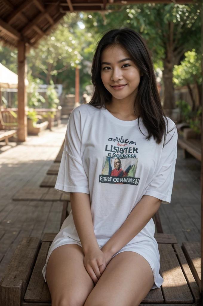 ((Best Quality, 8K, Masterpiece:)), Focus, realistic, A stunning high-resolution, vibrant photograph of 15 old young indonesian girl wear oversize tshirt and no panties, smiling,surrounded by men, multiple men ,sexy aura, erotic mood, sitting,at outdoor theme park benches,realistic photo, full body shot,The background is slightly blurred to keep the focus on her, creating a beautiful bokeh effect. soft sunlight filtering through, realistic hands,