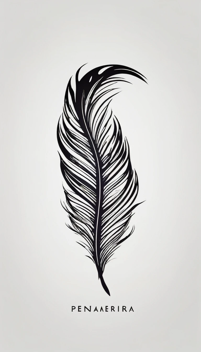 Create a logo design of a special, unique, poetic, minimalistic feather that represents a special creative brand called " Penamemoria". The brand is created by an artist called Rafael Figueiras. The logo must convey the sense of storytelling and music. Must include a boy, one acoustic guitar, a feather and a fantastic bird. Logo design and icon design present and impressed on a white t-shirt.