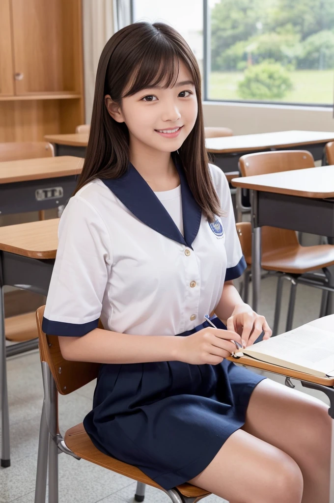 A Japanese high school girl with short, straight brown hair, wearing a white and gray short sleeve sailor uniform, is sitting in a classroom studying. She is writing in an open book with a pen, and her face is clearly visible with beautiful black eyes and a light smile. The classroom has desks, chairs, windows, and a blackboard. The setting is winter, and the photo is highly detailed, ultra-high resolution, and photorealistic. The girl looks cute and beautiful, and the image quality is top-notch, with 4K and 8K resolution, capturing the scene with a 35mm lens at f/1. The photo should look like a commemorative photo, with the best quality and ultra-detailed. The girl should be posing in various ways, looking natural and realistic. The setting should be in a school located in a city or town.
