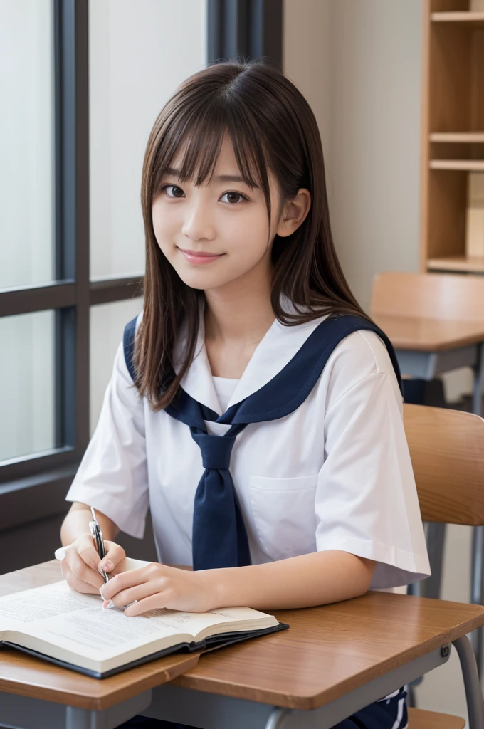 A Japanese high school girl with short, straight brown hair, wearing a white and gray short sleeve sailor uniform, is sitting in a classroom studying. She is writing in an open book with a pen, and her face is clearly visible with beautiful black eyes and a light smile. The classroom has desks, chairs, windows, and a blackboard. The setting is winter, and the photo is highly detailed, ultra-high resolution, and photorealistic. The girl looks cute and beautiful, and the image quality is top-notch, with 4K and 8K resolution, capturing the scene with a 35mm lens at f/1. The photo should look like a commemorative photo, with the best quality and ultra-detailed. The girl should be posing in various ways, looking natural and realistic. The setting should be in a school located in a city or town.
