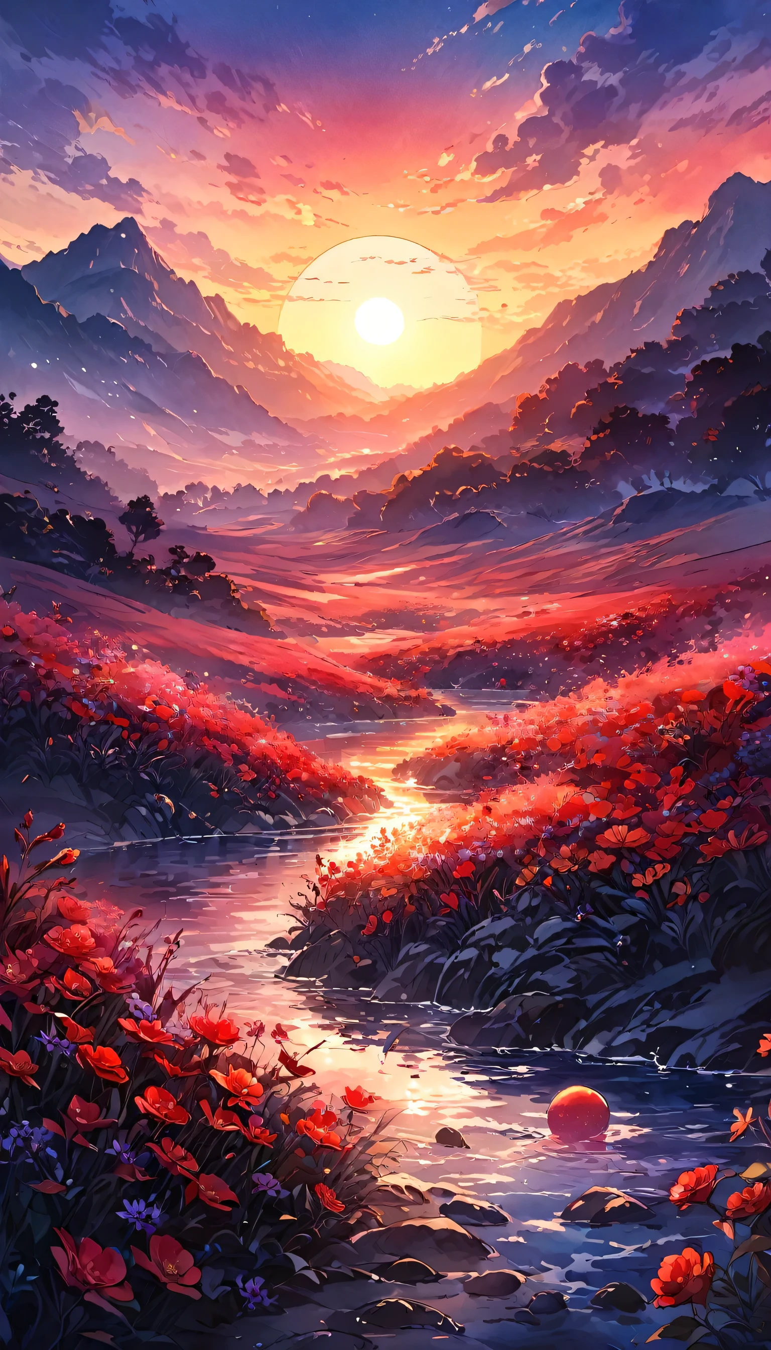 "Blood Moon Digital Watercolor Summer Landscape Sunset Illustration,  Carne Griffith, Lee Min-jae, Anna Paula Hoppe, Stylized watercolor, complicated, Complicated contrast, High resolution, sharp, Soft Cinematic Volumetric Lighting, Pastel colors like flowers, Wide Long Shot, A perfect masterpiece""Detailed Matte Painting, Deep Color, Fantastic, Exquisite detail, Splash screen, Complementary Color, Fantasy Concept Art, 8K resolution