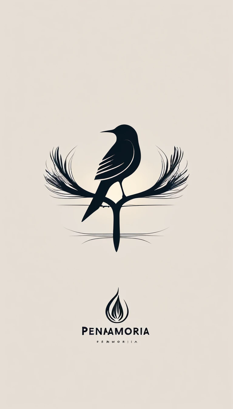 A minimal, modern, simple, cinematic logo design for the brand “Penamemoria". Create a modern, minimalistic, high-quality, logo of a bird with special and thin threads as tail and a boy guitarist