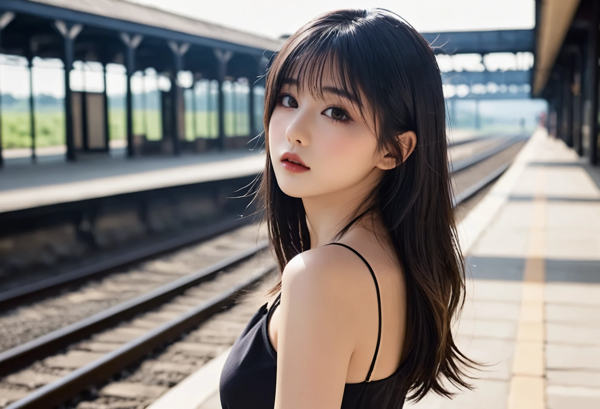 a girl，cute and pretty face，Long straight black hair，Long bangs covering eyes，long eyelashes，(Fine eyes)，small eyes，(half-closed eyes)，(Dark lipstick)，(Dark eyeshadow)，Slim body，Slender limbs，Black spaghetti strap dress，Inside an old railway station，clean focus，shallow Depth of Field，Ultra-detailed faces，very beautiful face，Extremely high texture skin，Look into the distance，beautiful legs，seductive，femainine pose，(realistic ，realistic-photo，RAW photo，8K original)，artistic photography，UHD，highres，masterpiece，retina，