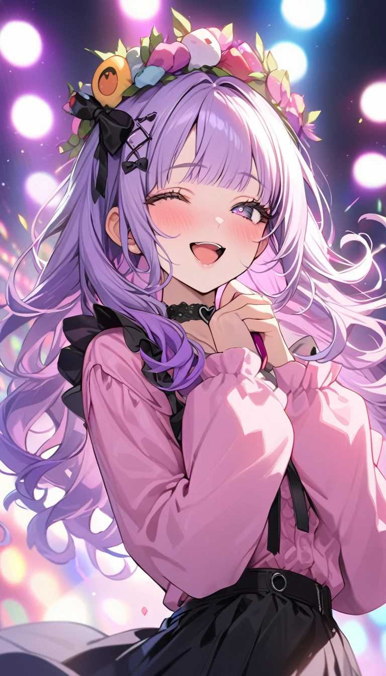 beautiful a girl wearing closs hair pin,pale purple hair,wavy two braids,blunt bangs hair,green and black eyes,(one girl is wearing
pink shirt,cosplay, jirai kei, bangs, black skirt, black bow, looking at viewer, bow, long sleeves, choker, ribbon,pink lips, (highest quality,masterpiece,16K or 8K,Super detailed,),(Upper body、front), background Colorful heart, beautiful, masterpiece, highest quality、gradient hair, light blue-purple hair, floating hair, wavy hair,fluffy hair、 Hair in the wind, pastel wreath on head,Hairpins, heart-shaped hairpins with a red cross inside, green and black colored eyes, long eyelashes, beautiful eyes, light smile, bright pupils, (a girl closes her eyes and opens her mouth and smiles happily.),digital illustration, highest quality,High resolution, happy, laughing,Singing with a microphone in the bright lights of a concert,