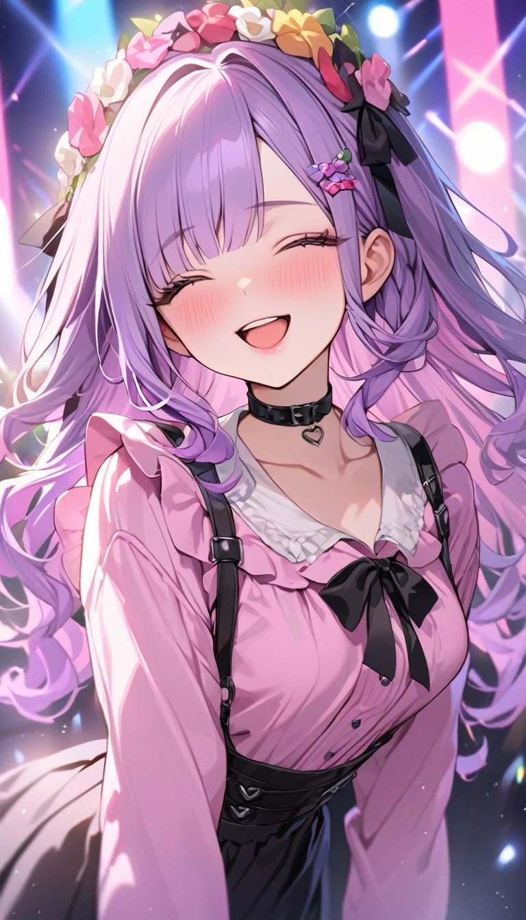 beautiful a girl wearing closs hair pin,pale purple hair,wavy two braids,blunt bangs hair,green and black eyes,(one girl is wearing
pink shirt,cosplay, jirai kei, bangs, black skirt, black bow, looking at viewer, bow, long sleeves, choker, ribbon,pink lips, (highest quality,masterpiece,16K or 8K,Super detailed,),(Upper body、front), background Colorful heart, beautiful, masterpiece, highest quality、gradient hair, light blue-purple hair, floating hair, wavy hair,fluffy hair、 Hair in the wind, pastel wreath on head,Hairpins, heart-shaped hairpins with a red cross inside, green and black colored eyes, long eyelashes, beautiful eyes, light smile, bright pupils, (a girl closes her eyes and opens her mouth and smiles happily.),digital illustration, highest quality,High resolution, happy, laughing,Singing with a microphone in the bright lights of a concert,