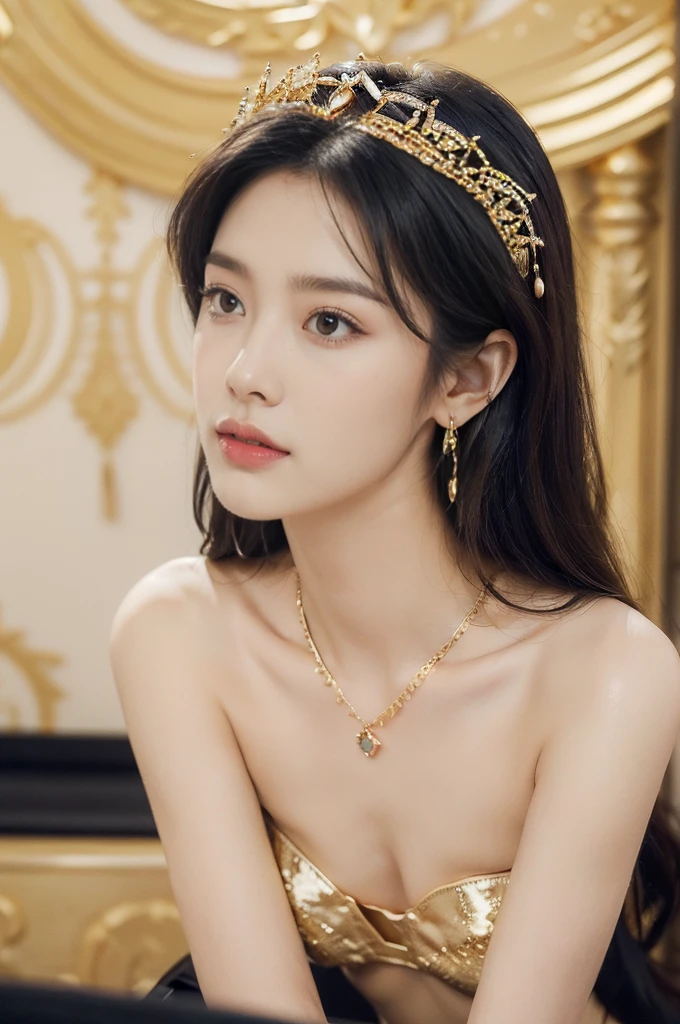 ((((8k))),((Extremely meticulous CG)) ,(wallpaper),16k,((Extremely refined and beautiful)),(((Masterpiece))),(((best qualtiy))),(((Ultra High Resolution))),beautiful light up,Perfect lightning,realistic shaded,(Smooth and flawless skin:1.5),(Extremely exquisite facial details:1.2),(perfect body:1.2),(ultra-detailed),((A beautiful girl,solo)),(small head:1.2),(pale skin:1.3),(medium straight hair:1.2),(small face:1.2),(baby face:1.3),(Exquisite makeup:1.2),(small breasts:1.2),(flat chest:1.3),((slim,thin)),(laughing:1.2),(gold headdress:1.3),(gold earrings:1.3),(gold necklace:1.3),(strapless gorgeous black Thai bra:1.5),(indoor:1.3),(summer:1.3),(detailed background:1.5),(standing:1.3),(close-up of face:1.3),(from front:1.3),(day scene:1.5),(In a luxurious jewelry store:1.5),(bright and vivid colors:1.3),(The showcase is piled with jewelries:1.3),