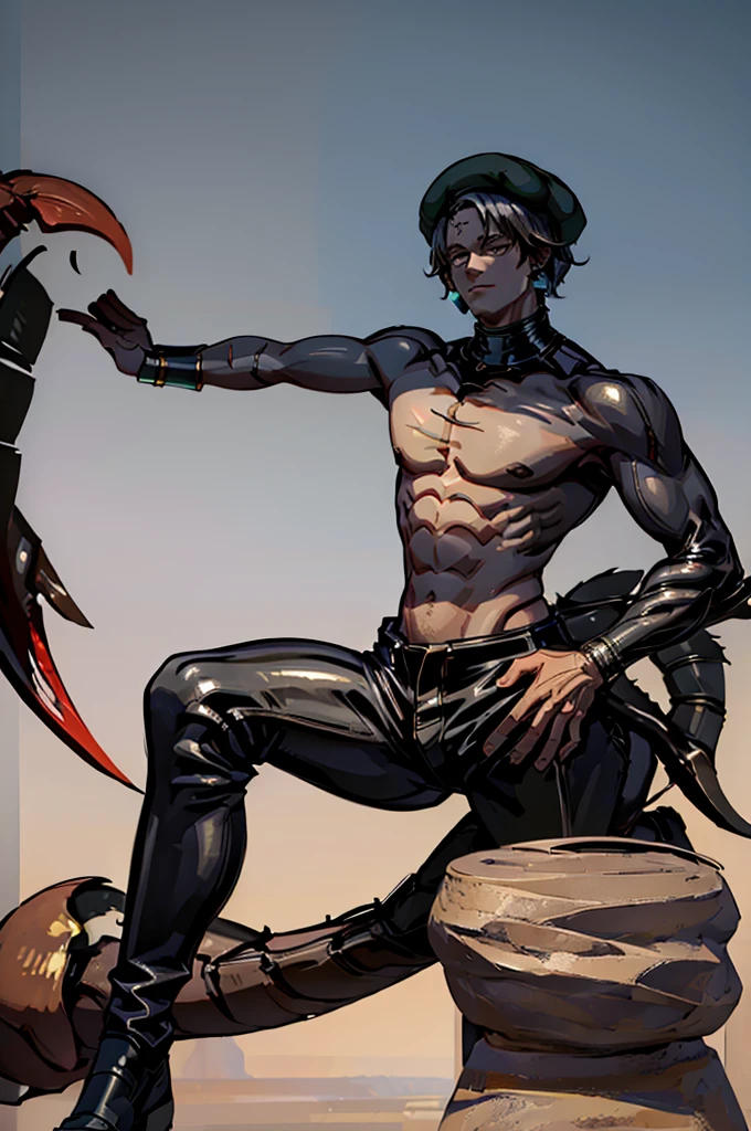 Human physique,Human anatomy,Scorpion tail,person of African descent, Short hair,Beret, Above all,Black pants,Black shoes, Tall man, Male figure, Black Skin, Especially down to the feet 