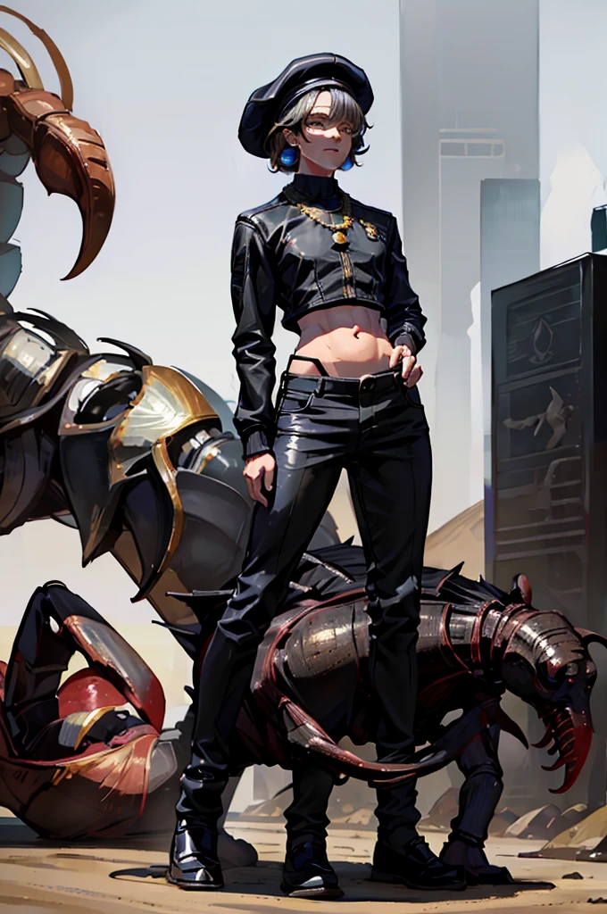 Human physique,Human anatomy,Scorpion tail,person of African descent, Short hair,Beret, Above all,Black pants,Black shoes, Tall man, Male figure, Black Skin, Especially down to the feet 