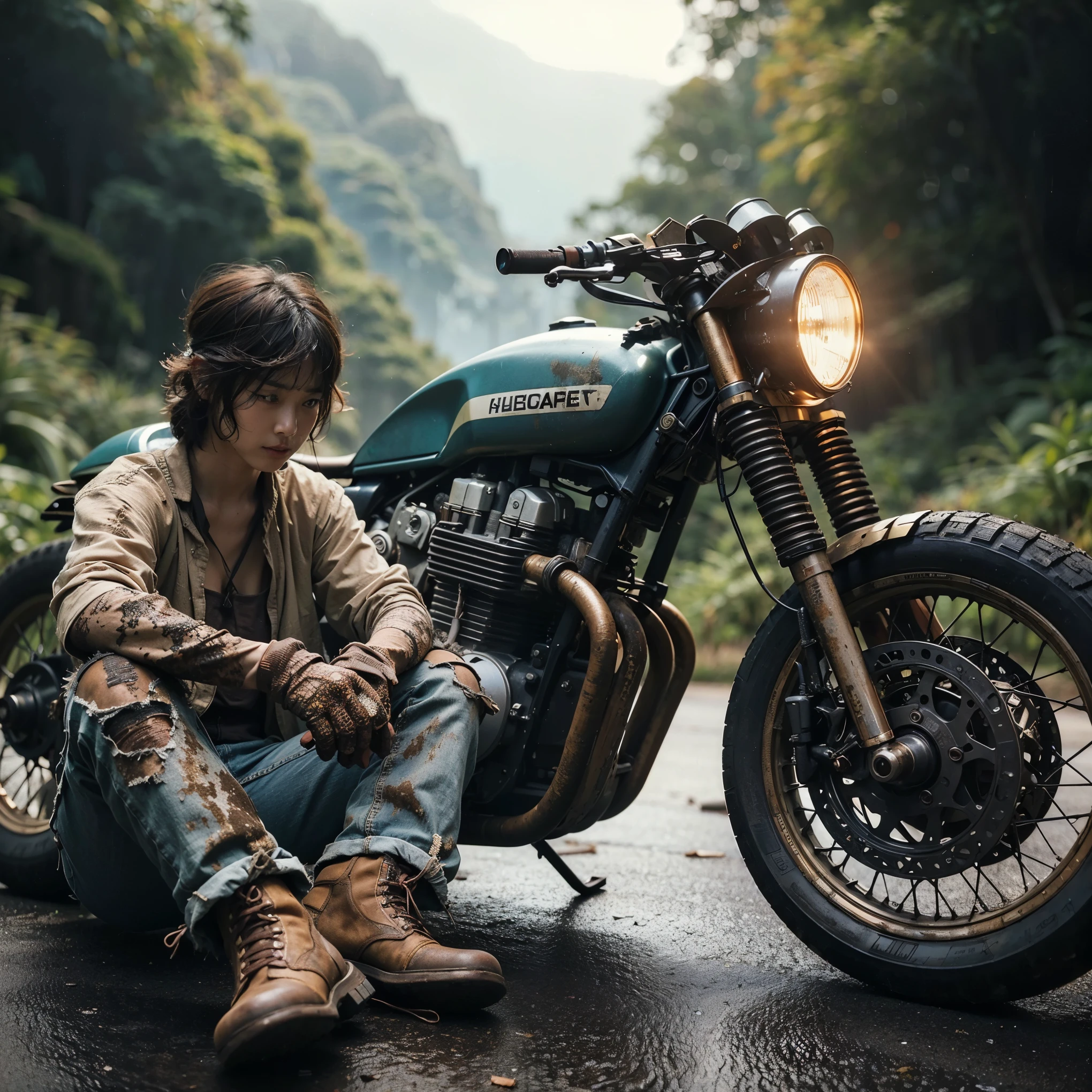 superrealism, ultra high res,8k,(Photorealsitic:1.4), (WWⅡ-like mechanical suit), Collapsed Cities, heavy weapons,vivid textures, beautiful hair, japanese female soldier,17 years old, (beautiful idle face),legs, ((super realistic all textures)), ((super intricate all details)), full body shot, ultra sharp photo result, beige color, scratch, Rust, weathering, Sweat, move, operational action in progress, steampunk, taken with Fuji film X-T30+Nokton. HDR10,Minimum of 4 pieces created