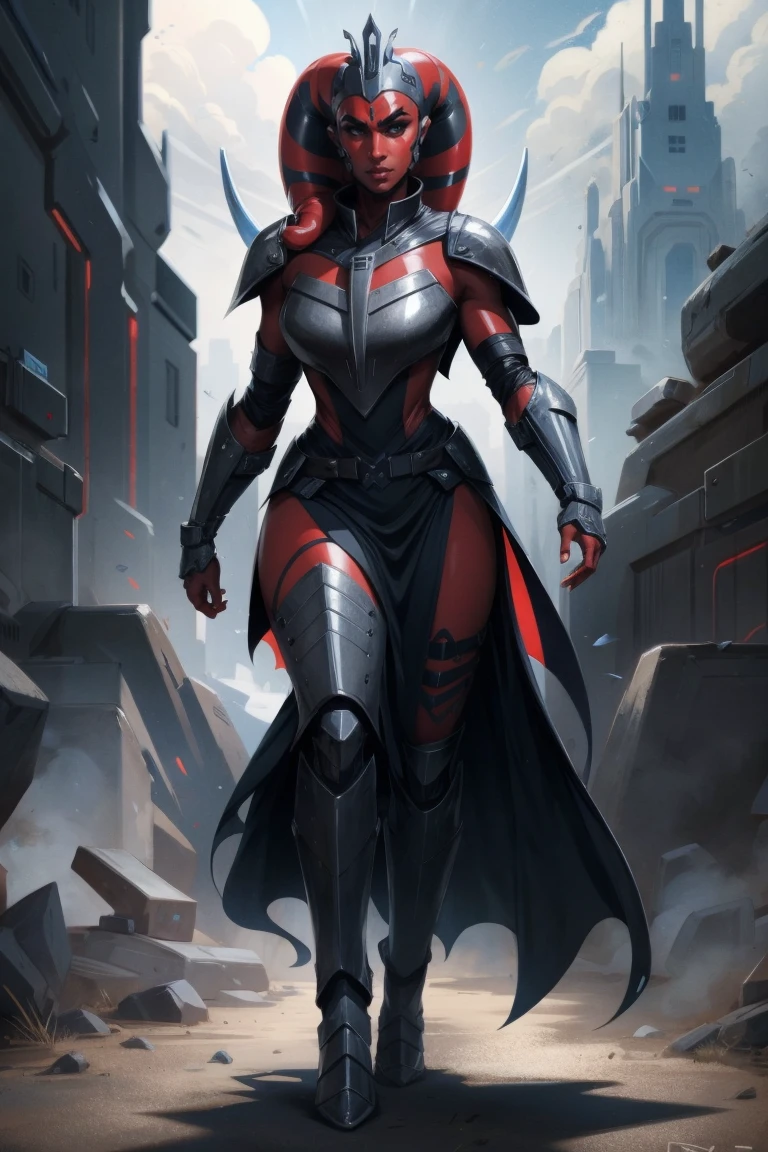 Brutal Red Skin Twi'lek with huge breasts wearing futuristic ((sleek (black) armor, black armor)) robes, cowl, crown, helmet, cape, huge breasts, slim hips, small waist, full-body shot