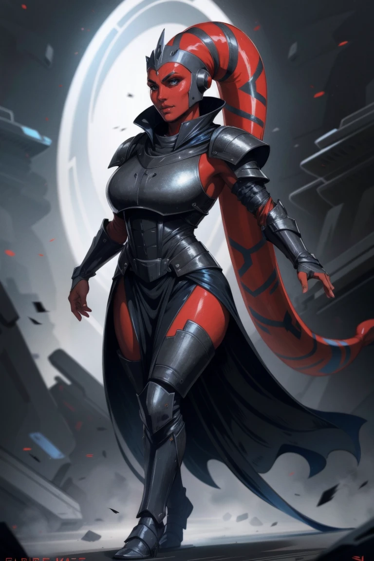 Brutal Red Skin Twi'lek with huge breasts wearing futuristic ((sleek (black) armor, black armor)) robes, cowl, crown, helmet, cape, huge breasts, slim hips, small waist, full-body shot